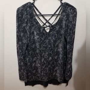 Umgee Black Gray Burnout Long Sleeve Criss Cross Cotton Blouse Tunic Shirt MED